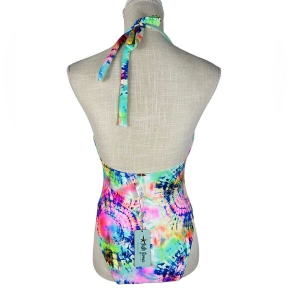 Luli Fama Neon Tie Dye Celestial Dreams Tie Front High Leg One Piece Swimsuit - Picture 6 of 16